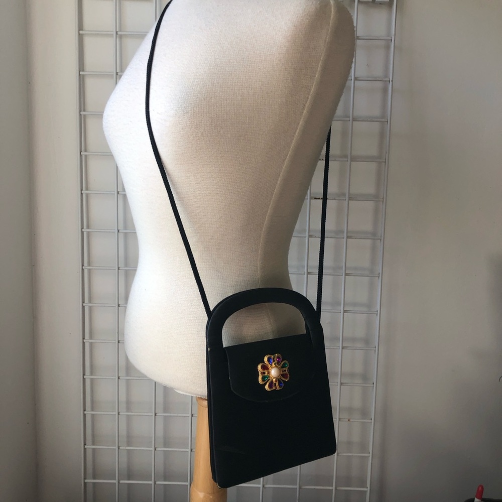 Black Satin Evening Bag Jewel + Pearl Brooch Crossbody